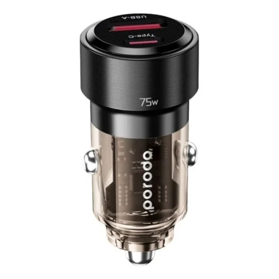 Porodo 75W Dual Port Transparent Aluminum Car Charger - Black